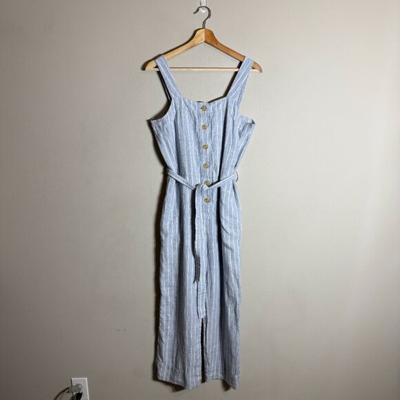 Everlane Linen Striped Button Up Jumpsuit Women's 4 Blue Tie Waist Boho Coastal - Picture 4 of 16